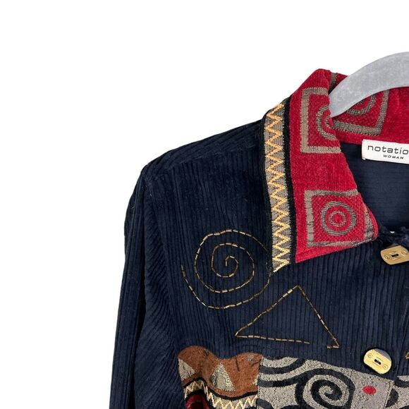 Notations Women Corduroy Jacket Beaded Embroidered Patch Boho Black Red Sz 14/16 - Picture 4 of 5